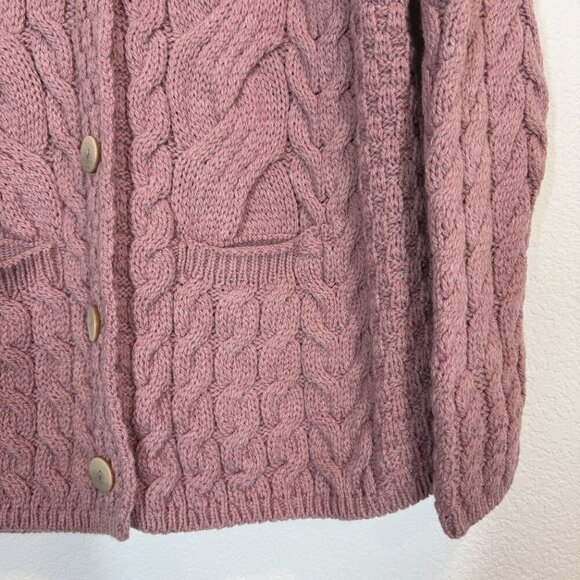 Aran Cardigan Sweater Pink Irish Cable Knit Chunky Ireland Wool Luxury Large - Picture 4 of 13